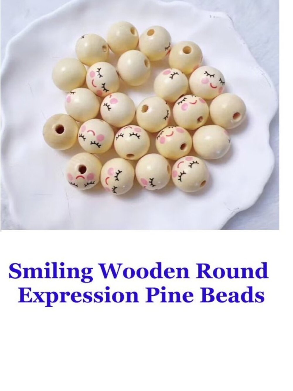 Face Beads - Cute Cream 20Pcs Smiling Wooden Round Expression Pine Beads